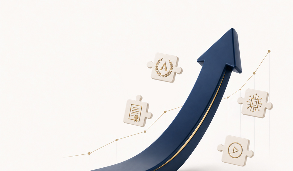 Navy and gold upward arrow rising past puzzle-piece icons representing accreditation, technology, and media